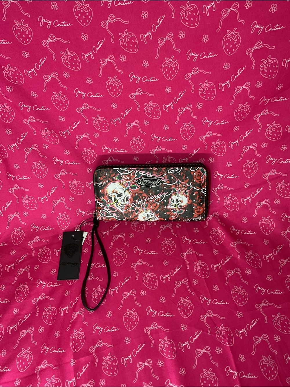 Ed Hardy Black & Red Skull Print Zip Wristlet